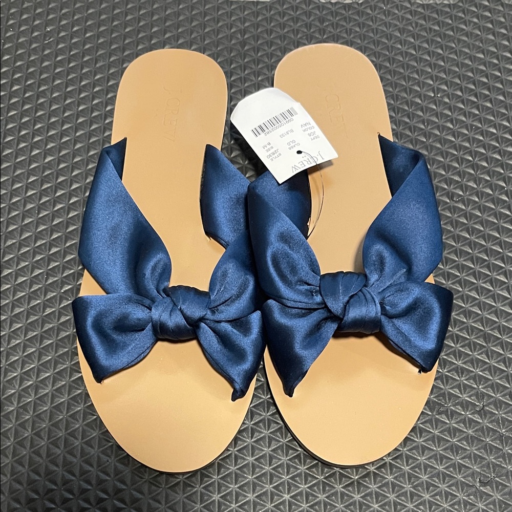 NWT J.Crew Blue Tan Satin Bow Sandals size 8